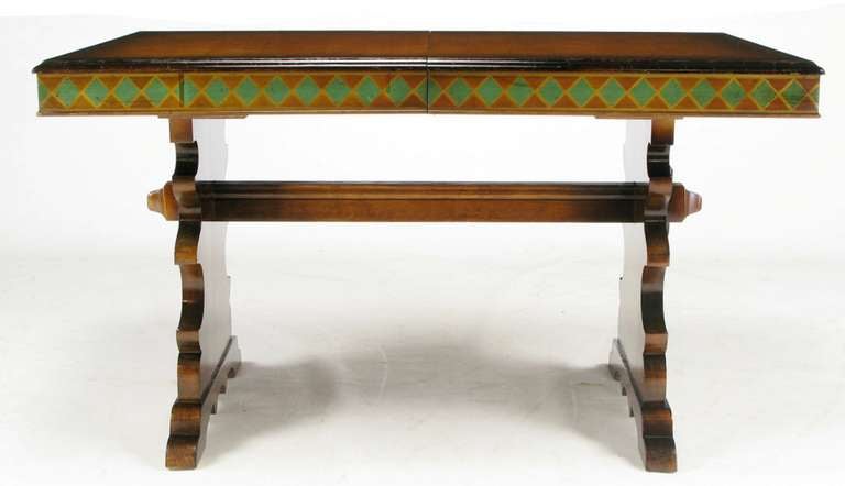 20th Century Germanic Hand Painted Harlequin Pattern Maple Trestle Table For Sale