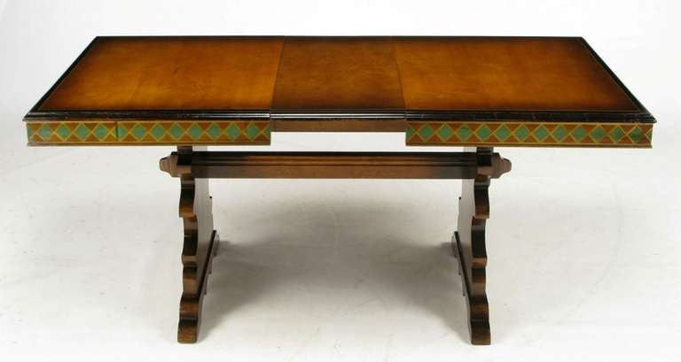 Germanic Hand Painted Harlequin Pattern Maple Trestle Table In Good Condition For Sale In Chicago, IL