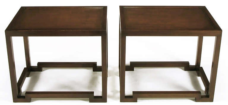 Pair of Dark Walnut Geometric-Base End Tables In Good Condition In Chicago, IL