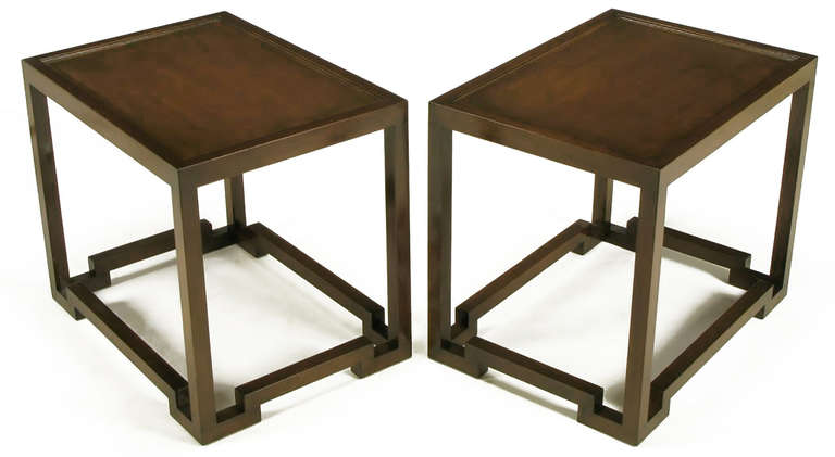 American Pair of Dark Walnut Geometric-Base End Tables