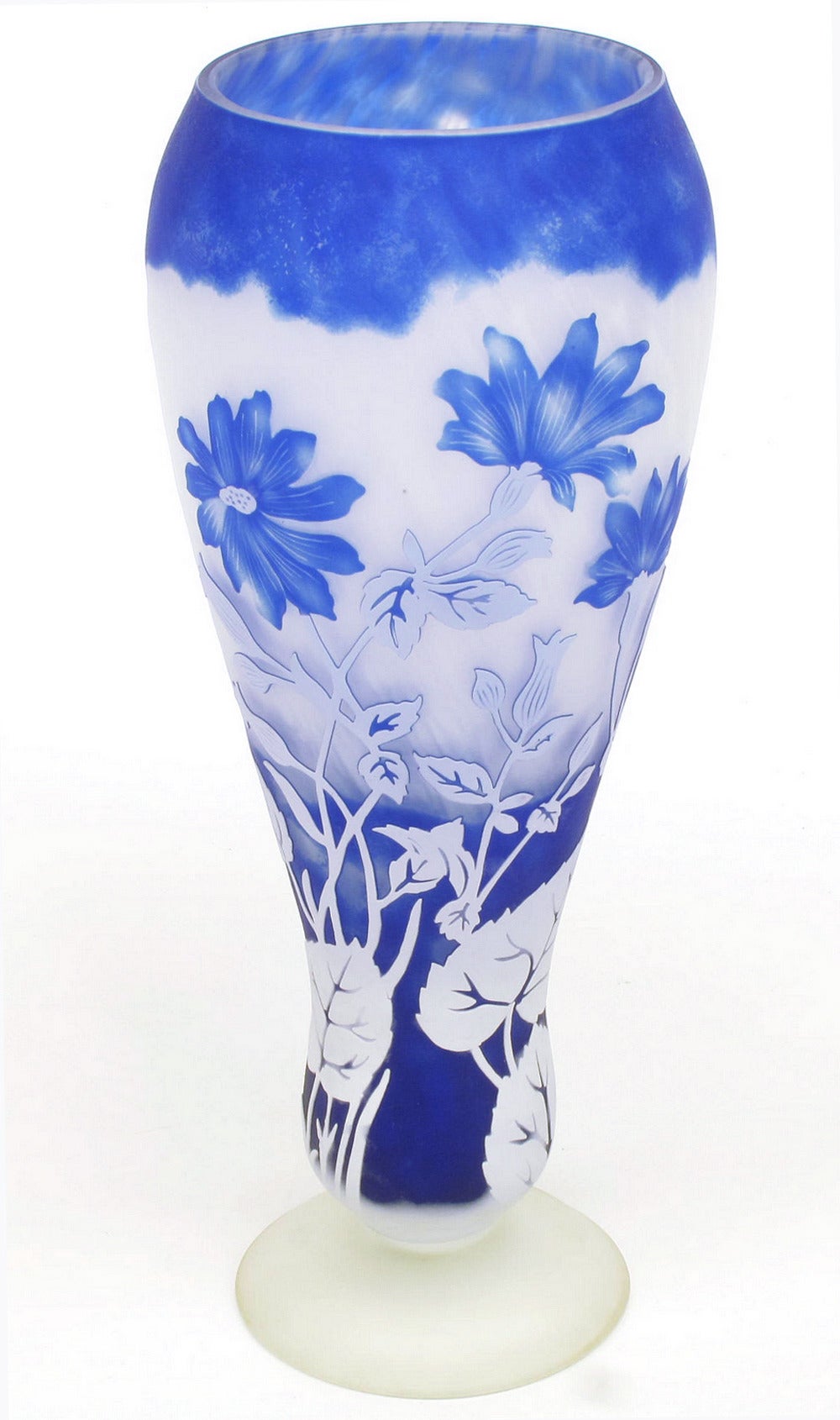 Shannon Crystal of Ireland Mouth Blown Blue Cut Art Glass Vase For Sale