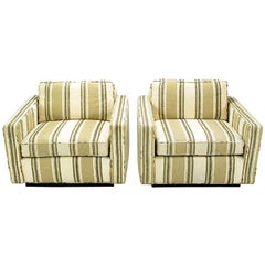 Pair of 1960s Cube Chairs in Taupe Striped Cotton Upholstery