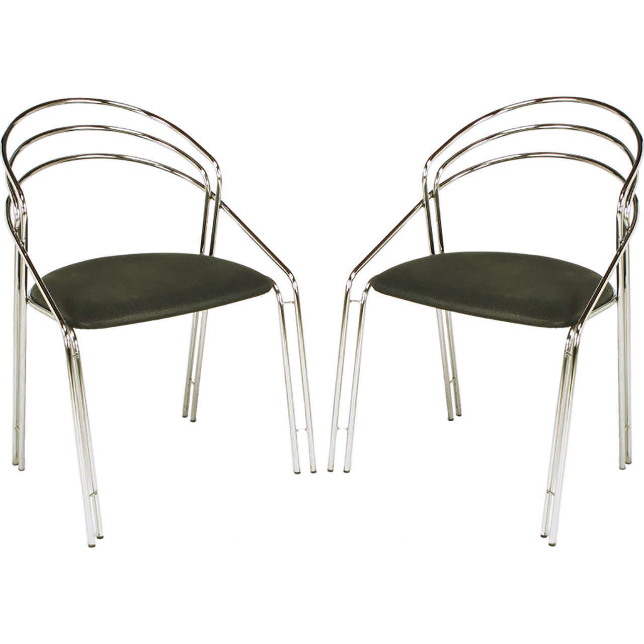 Pair of chromed and bent steel Postmodern Italian side chairs. Multiple bars of chromed steel with thin chromed steel spacers. Each bar is significant to the design of the chair, making double bar legs with connections to the seat and the back.