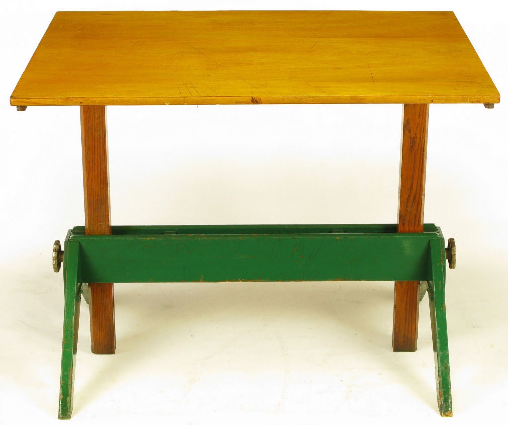 Early 1900s Green Lacquered Oak & Maple Drafting / Writing Table