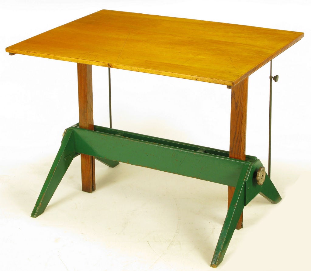 American Early 1900s Green Lacquered Oak & Maple Drafting / Writing Table
