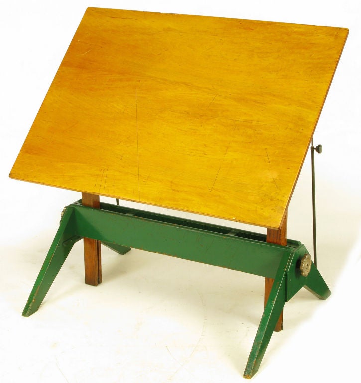 20th Century Early 1900s Green Lacquered Oak & Maple Drafting / Writing Table