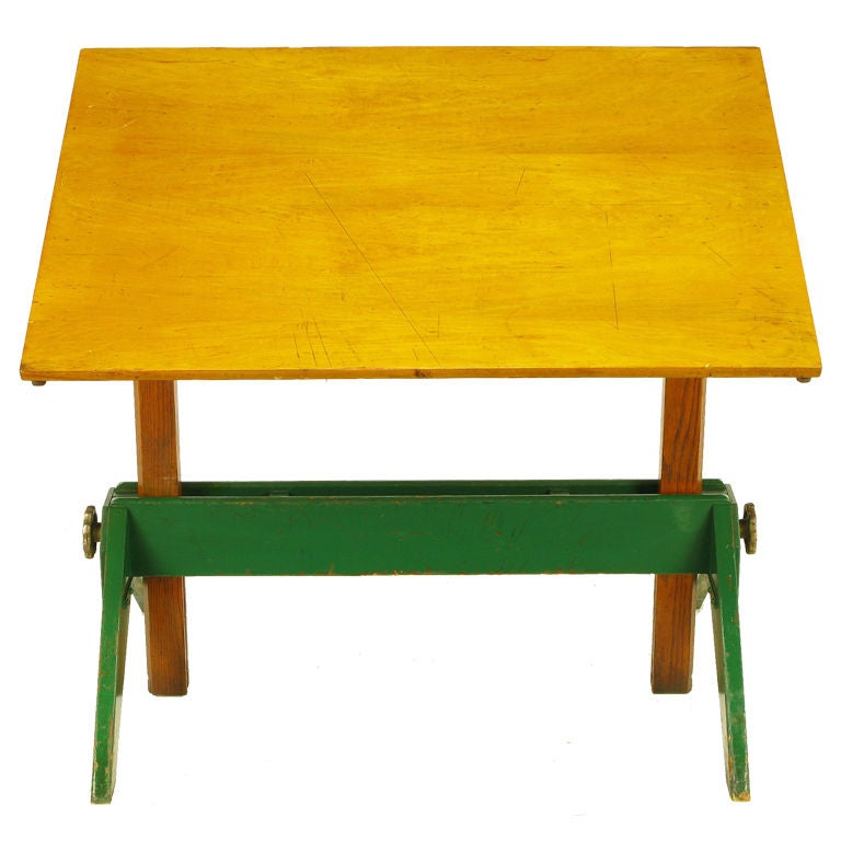 Early 1900s Green Lacquered Oak & Maple Drafting / Writing Table