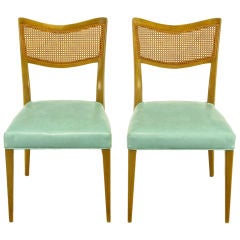 Pair Harvey Probber Tiffany Blue Leather & Mahogany Side Chairs