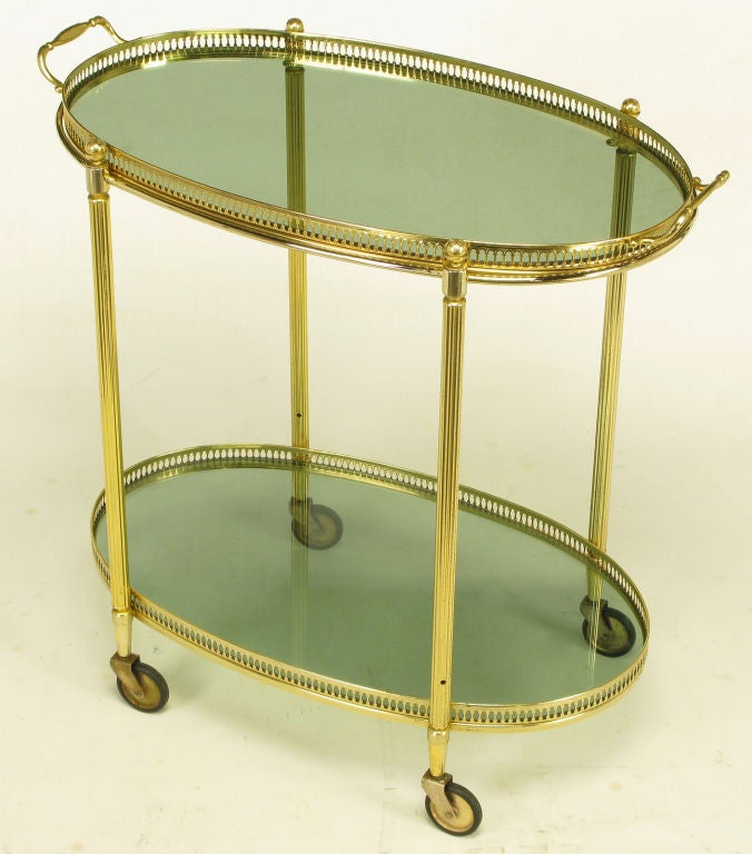 Pierced & Reeded Brass Two-Tier Oval Tray-Top Bar Cart