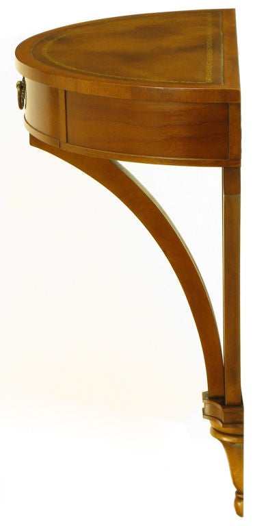 Mid-20th Century Demilune Wall Mounted Walnut & Tooled Leather Console Table