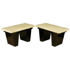 Pair Double Pedestal Tables With 2" Thick Travertine Tops