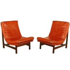 Pair Custom Umber Upholstered Mahogany Frame Scoop Chairs