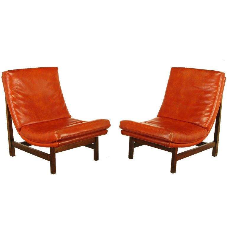 Pair Custom Umber Upholstered Mahogany Frame Scoop Chairs