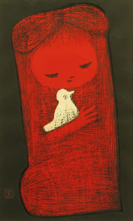 From a limited edition of 100, Japanese wood block and ink print on black paper depicting a young girl in red holding a white bird all outlined in black. Japanese name is 