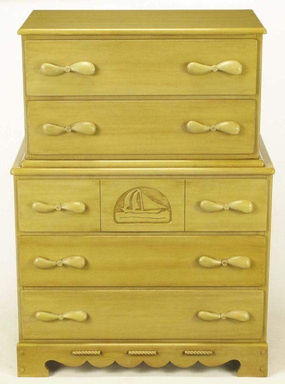 Pair Tall Chests With Propeller Pulls And Sailboat Reliefs At 1stdibs