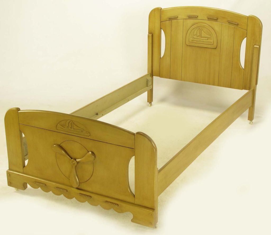 American Pair Twin Beds With Propeller & Sail Boat Reliefs
