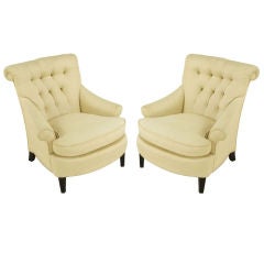 Pair Of Ivory Silk Blend Button Tufted Rolled Back Lounge Chairs