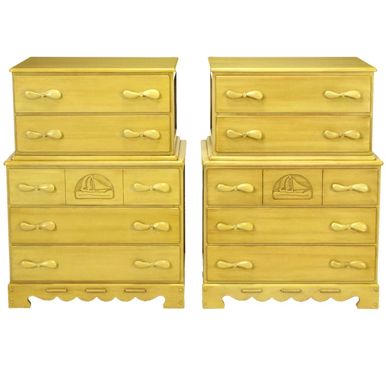 Pair Tall Chests With Propeller Pulls And Sailboat Reliefs At 1stdibs