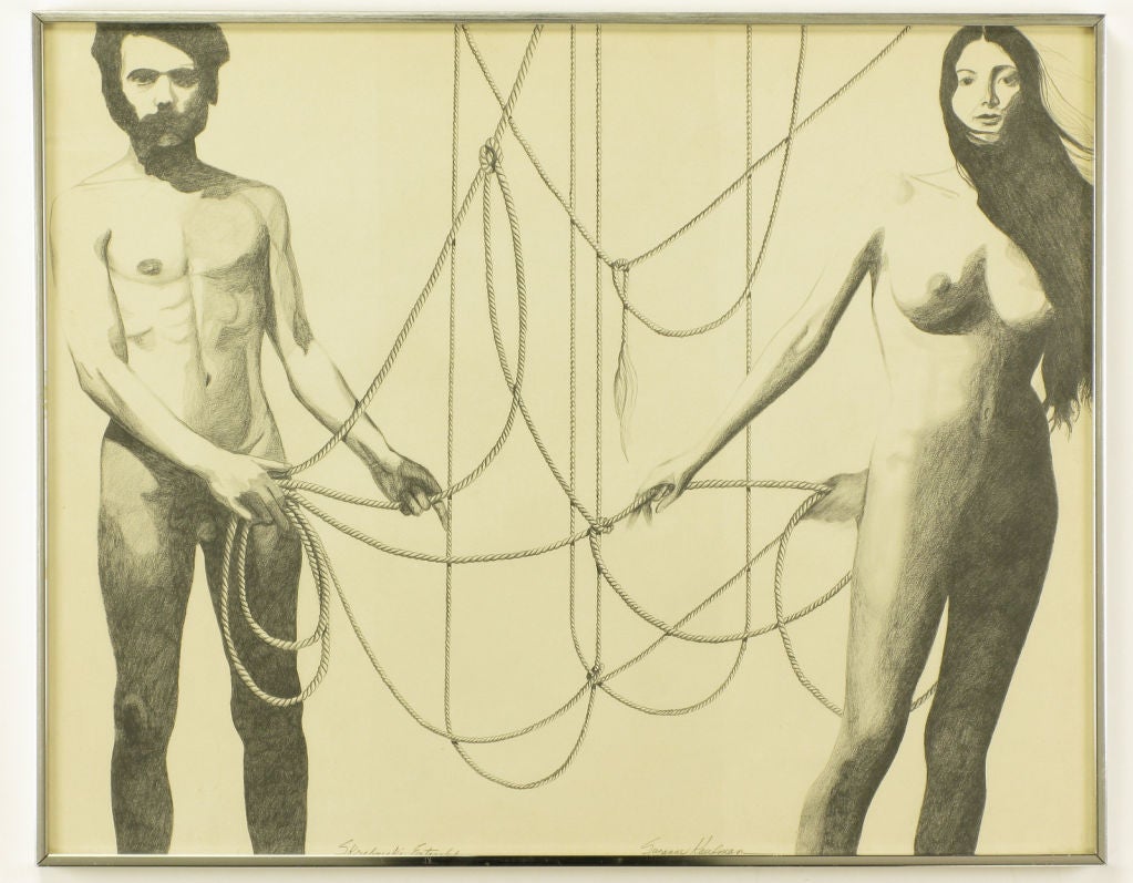 Graphite on textured artist paper of male and female nudes with knotted and draped rope. Entitled 