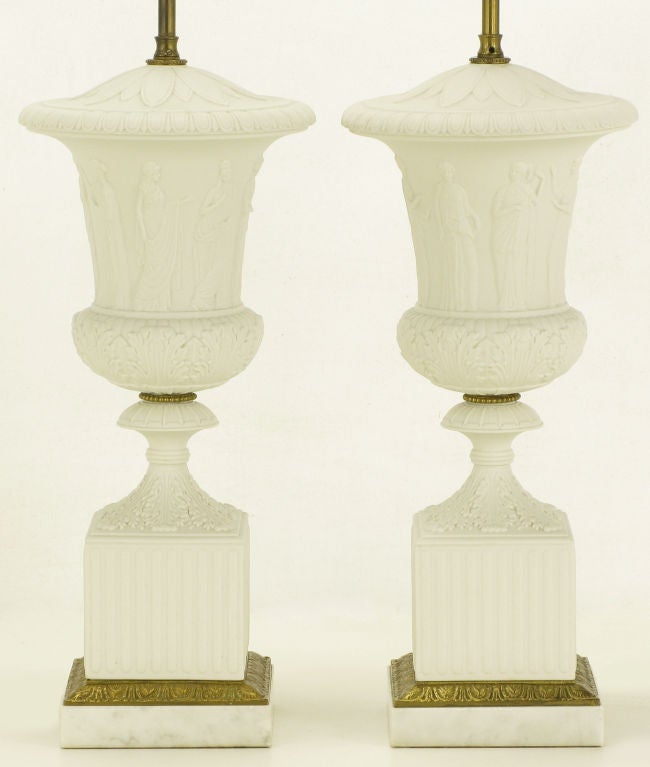 American Pair Neo Classical White Bisque Porcelain Urn Form Table Lamps