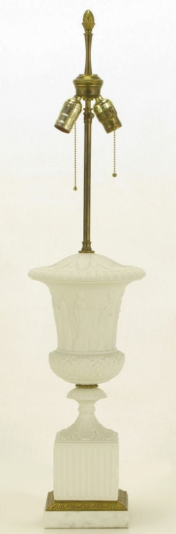 Carved Pair Neo Classical White Bisque Porcelain Urn Form Table Lamps
