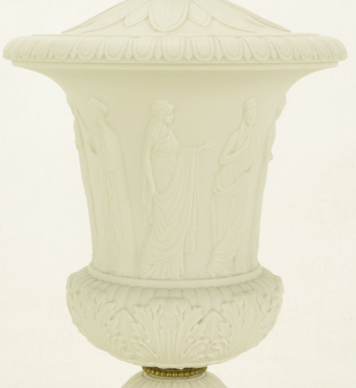 Pair Neo Classical White Bisque Porcelain Urn Form Table Lamps 3