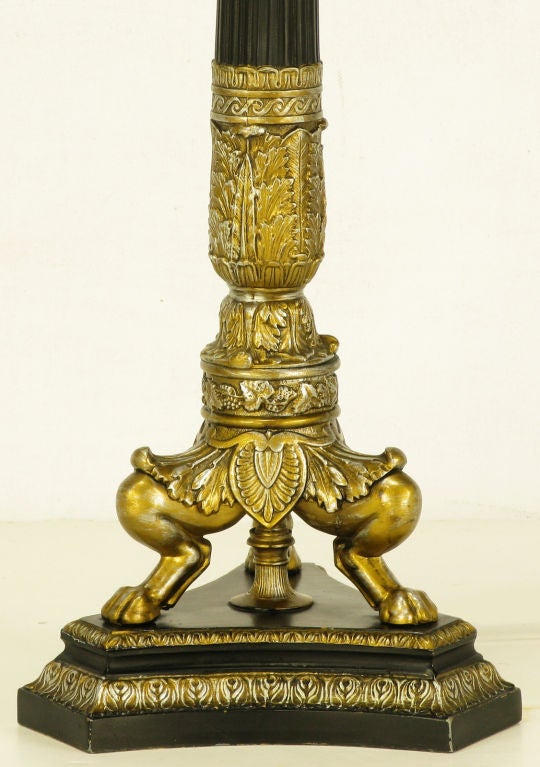 Mid-20th Century Empire Style Triple Lion Paw Gilt & Black Lacquer Table Lamps