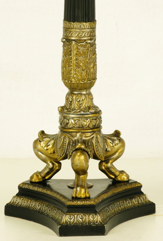 Brass Empire Style Triple Lion Paw Gilt & Black Lacquer Table Lamps