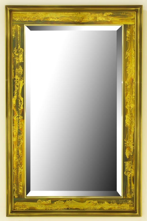 Beveled mirror with a Mastercraft marketed, Bernhard Rohne designed acid etched panel and beveled solid brass frame. BAcked by a gold lacquered wood panel.