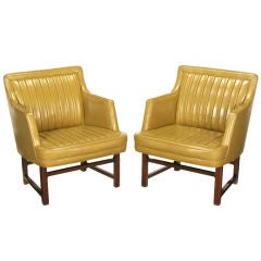 Pair Edward Wormley Leather & Mahogany Arm Chairs