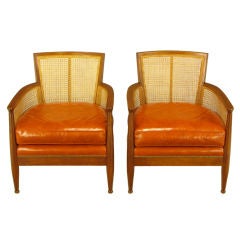 Pair Beech  & Cane Lounge Chairs With Umber Leather Seats