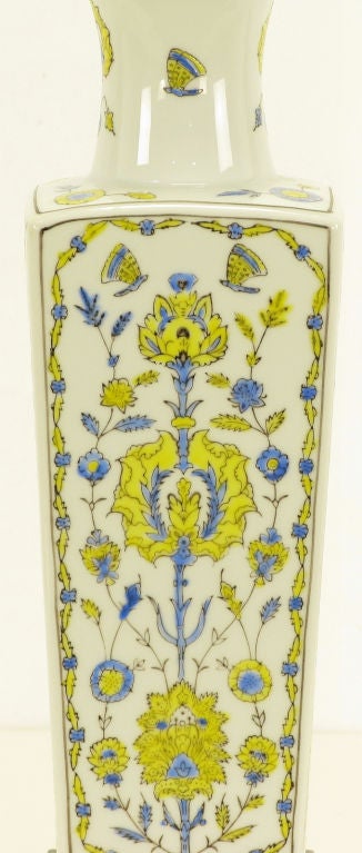 American Cornflower and Saffron Hand Painted Ceramic Vase Form Table Lamp For Sale