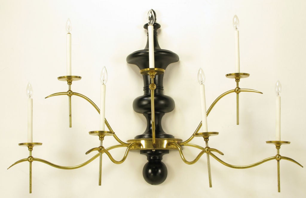 American Large Regency Brass & Black Lacquered Wood Seven-Arm Sconce