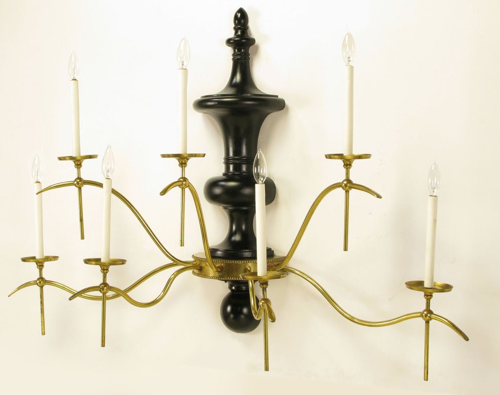 Mid-20th Century Large Regency Brass & Black Lacquered Wood Seven-Arm Sconce