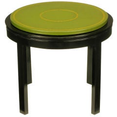 Round Ebonized & Tooled Green Leather Top End Table.