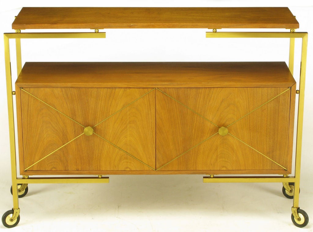 Brushed Brass & Walnut Bar Cart With Brass Inlaid Doors