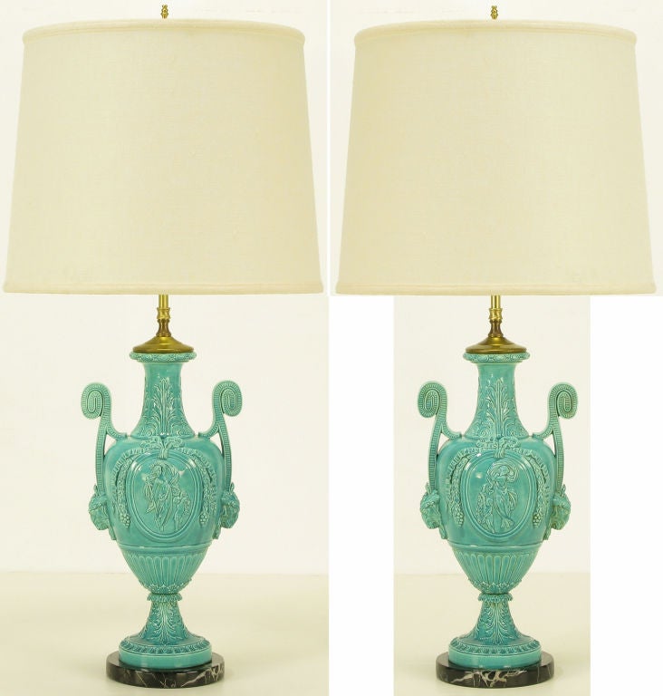 Pair Turquoise Glaze Ceramic Neoclassical Table Lamps