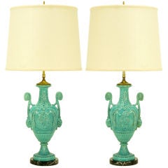 Pair Turquoise Glaze Ceramic Neoclassical Table Lamps