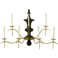 Retro Large Regency Brass & Black Lacquered Wood Seven-Arm Sconce