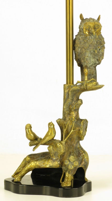 American Marbro Forestal Theme Brass Table Lamp with Owl & Finches