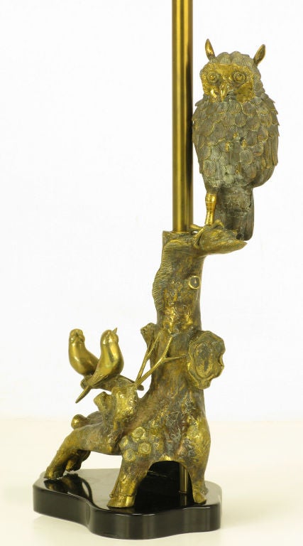Mid-20th Century Marbro Forestal Theme Brass Table Lamp with Owl & Finches
