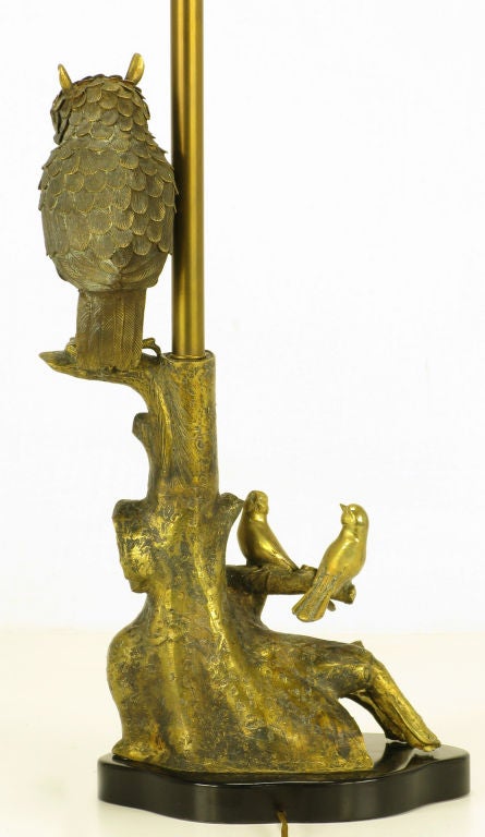 Marbro Forestal Theme Brass Table Lamp with Owl & Finches 2