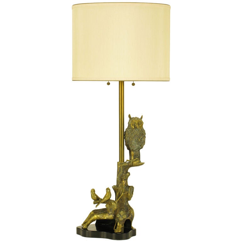 Marbro Forestal Theme Brass Table Lamp with Owl & Finches