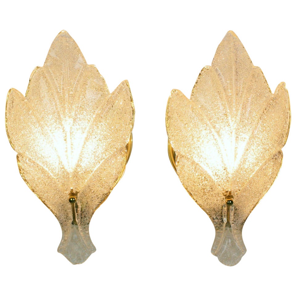 Pair of Murano Glass Maple Leaf Wall Sconces For Sale