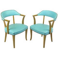 Pair Art Deco Bleached Mahogany & Tuquoise Arm Chairs