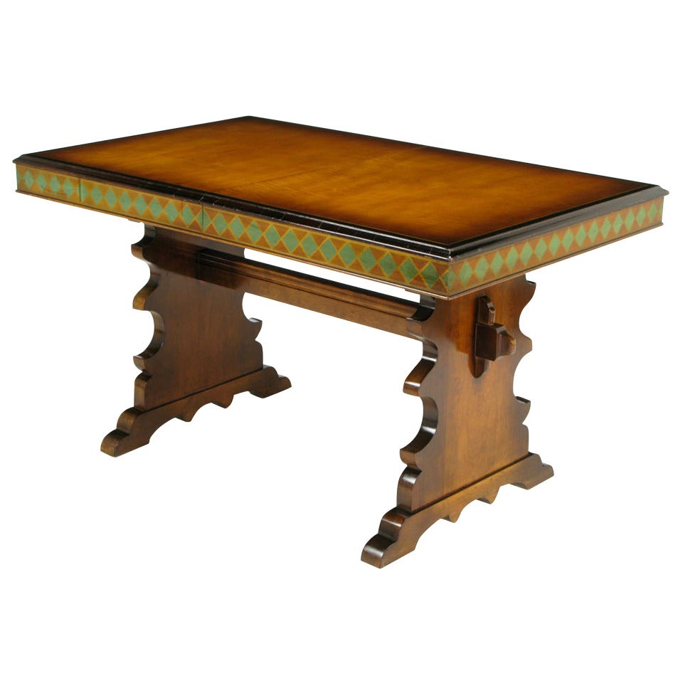 Germanic Hand Painted Harlequin Pattern Maple Trestle Table For Sale