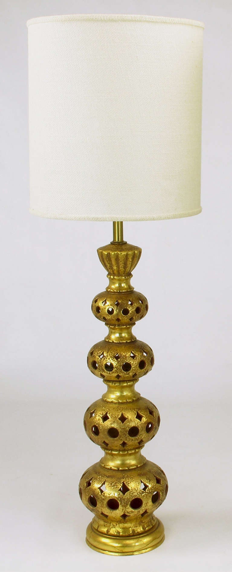 American Pair of Nardi Studios Tall Pierced and Gilt Quadruple Gourd Ceramic Table Lamps For Sale