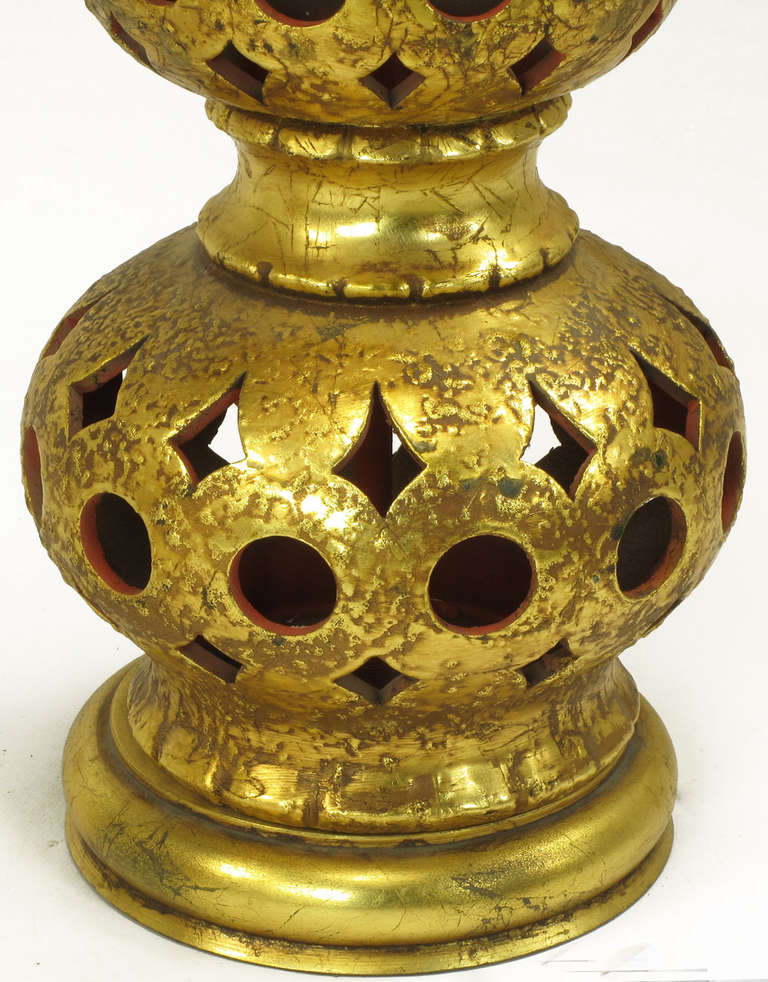 Brass Pair of Nardi Studios Tall Pierced and Gilt Quadruple Gourd Ceramic Table Lamps For Sale