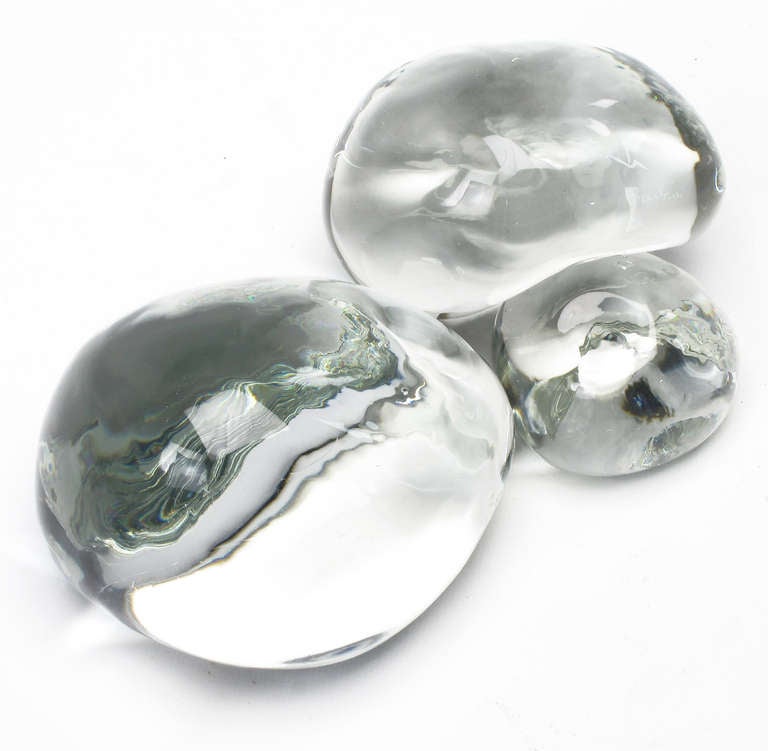 Set of three glass orb sculptures with dimpled indentations by Alfredo Barbini. Three distinct sizes; 
Large. 7
