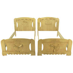 Retro Pair of Twin Beds with Carved Propeller and Sailboat Reliefs